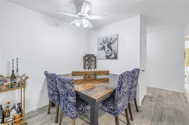 dining room featuring light wood-type flooring and ceiling fan