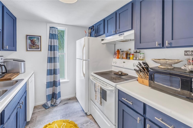 kitchen featuring light wood-type flooring, white range with electric stovetop, and blue cabinetry