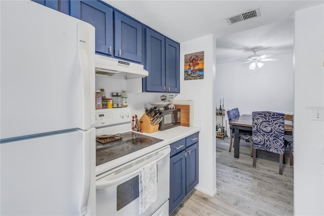 kitchen with blue cabinets, white appliances, light hardwood / wood-style flooring, and ceiling fan