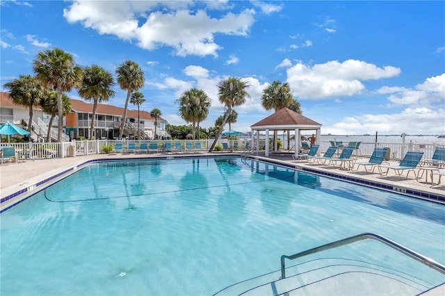 view of swimming pool featuring a gazebo