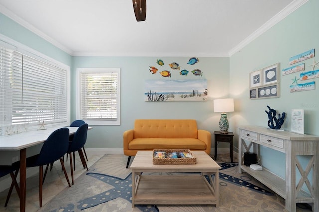 interior space with crown molding and ceiling fan