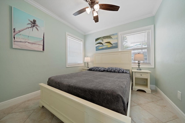 bedroom with ceiling fan, light tile patterned floors, and ornamental molding