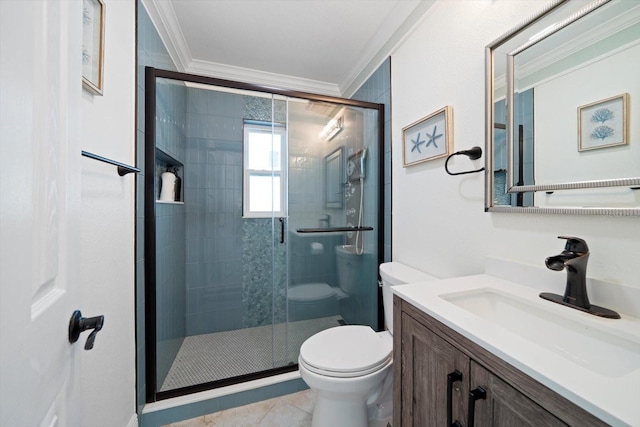 bathroom featuring walk in shower, tile patterned floors, crown molding, vanity, and toilet