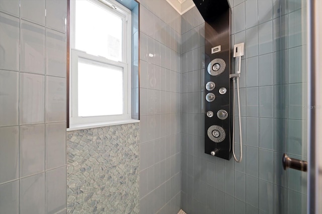 bathroom with a tile shower and a healthy amount of sunlight