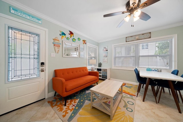 interior space featuring crown molding and ceiling fan