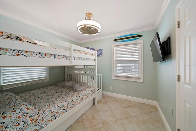 bedroom featuring a nursery area and ornamental molding