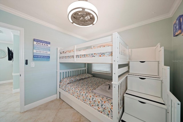 bedroom with ornamental molding and light tile patterned floors