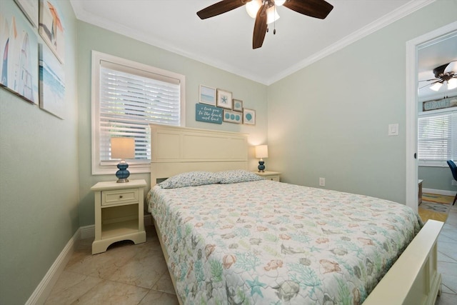 tiled bedroom featuring ornamental molding and ceiling fan