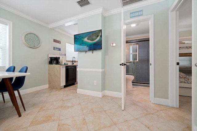 kitchen with ornamental molding and dishwasher