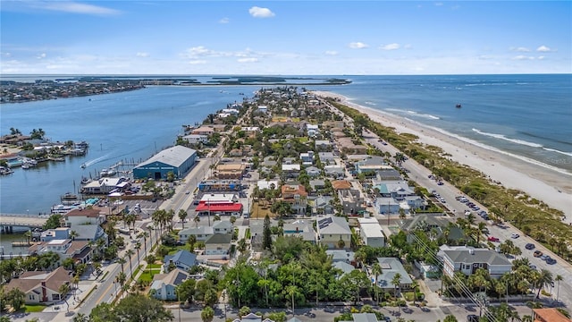 aerial view featuring a beach view and a water view