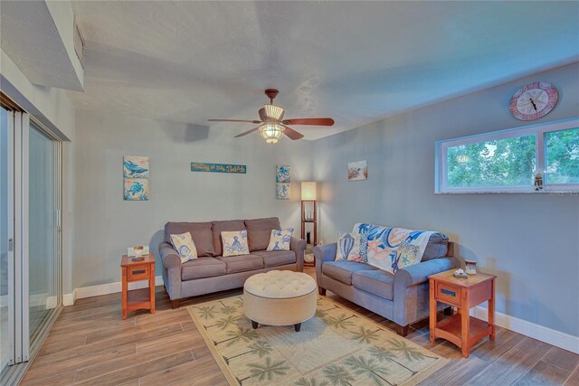 living room with ceiling fan and hardwood / wood-style flooring