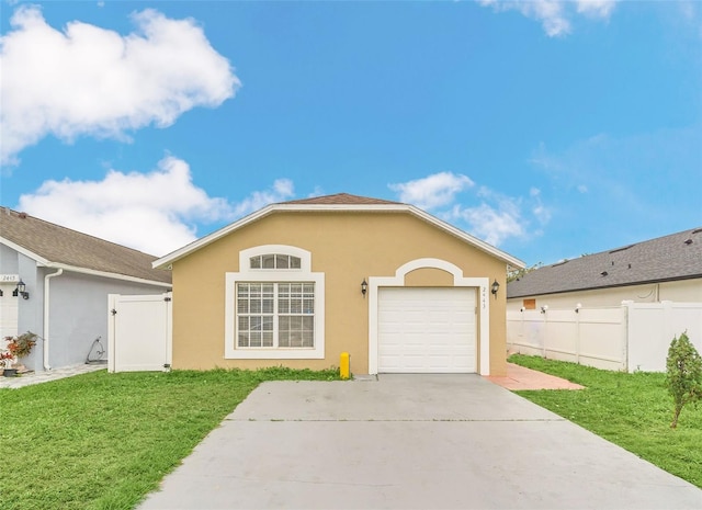 ranch-style house featuring a garage and a front lawn