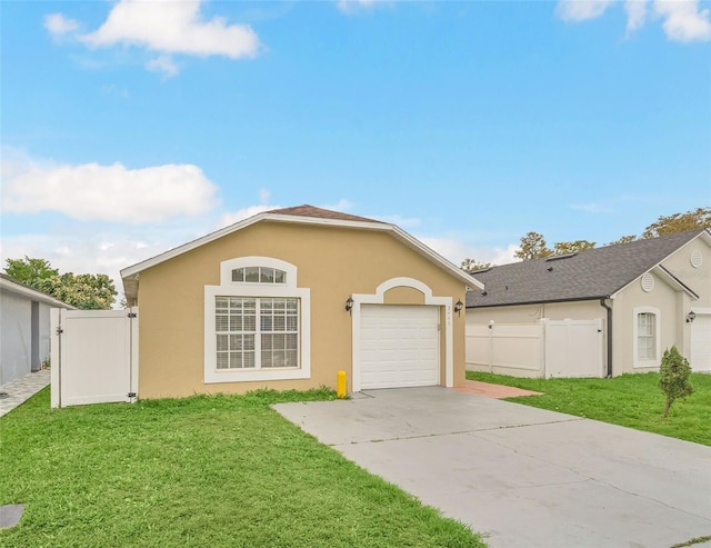 ranch-style house with a garage and a front lawn