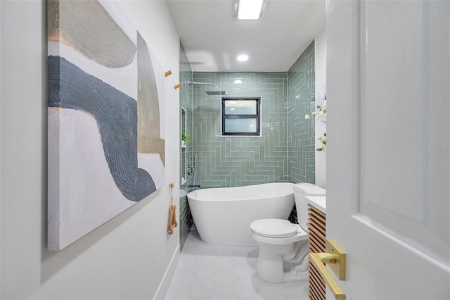 full bathroom featuring tile patterned floors, toilet, shower with separate bathtub, and vanity