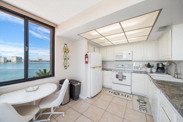 kitchen featuring sink, a water view, plenty of natural light, white appliances, and white cabinets