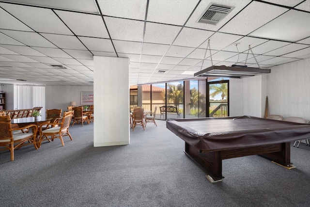 playroom featuring pool table, a wall of windows, carpet, and a drop ceiling