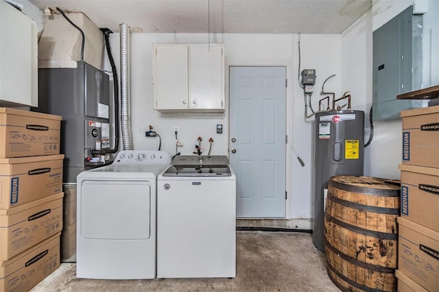 laundry room with cabinets, electric water heater, a textured ceiling, washing machine and clothes dryer, and electric panel