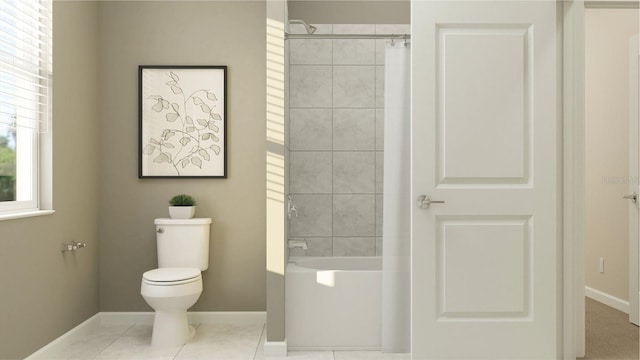 bathroom featuring tile patterned floors, toilet,  shower combination, and baseboards