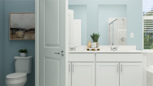 full bathroom with a shower stall, toilet, double vanity, and a sink