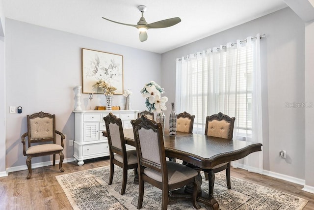 dining space with ceiling fan, plenty of natural light, and hardwood / wood-style floors