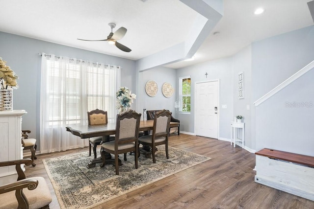 dining space with ceiling fan and dark wood-type flooring