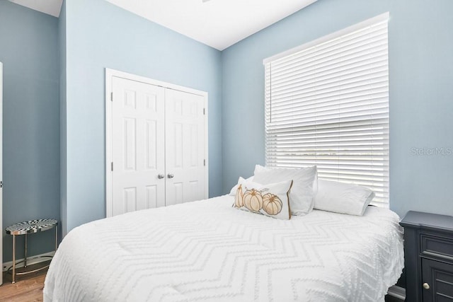 bedroom with multiple windows, hardwood / wood-style flooring, and a closet