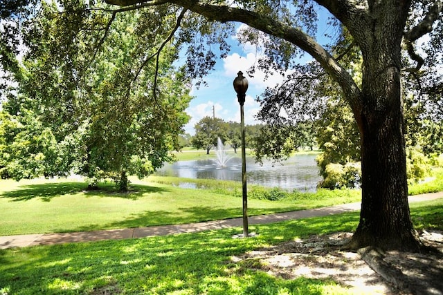 surrounding community with a yard and a water view