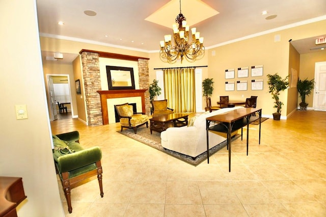 living room featuring an inviting chandelier, crown molding, and a stone fireplace