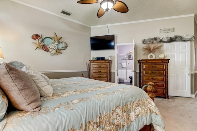 bedroom with visible vents, carpet, crown molding, and a textured ceiling