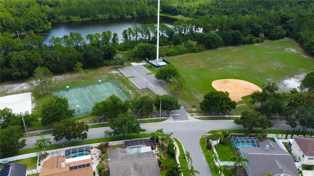 bird's eye view with a water view