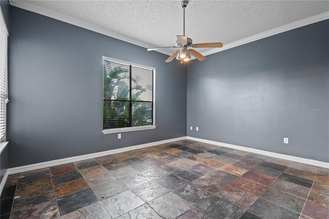 spare room featuring crown molding, a textured ceiling, and ceiling fan