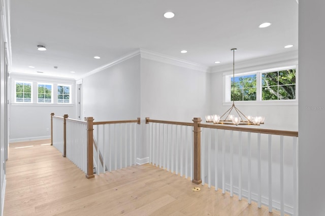 hallway with crown molding, plenty of natural light, light hardwood / wood-style floors, and an inviting chandelier