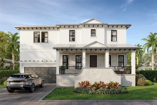 610 Ontario Ave, Tampa, FL 33606 - view of front facade featuring a porch, driveway, a garage, a metal roof, and a standing seam roof