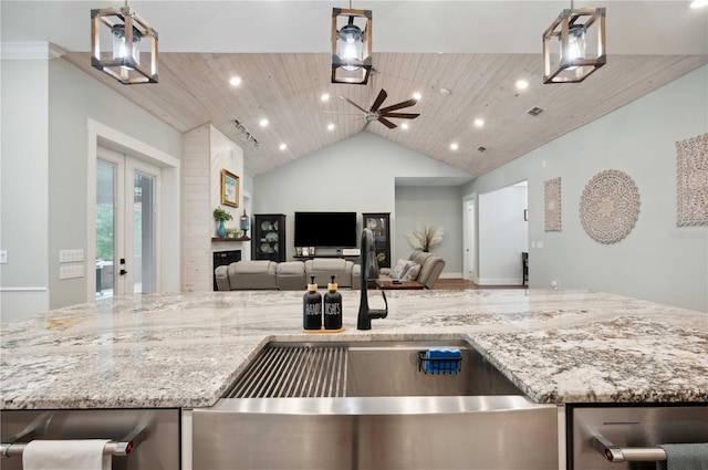 kitchen featuring sink, wooden ceiling, and hanging light fixtures