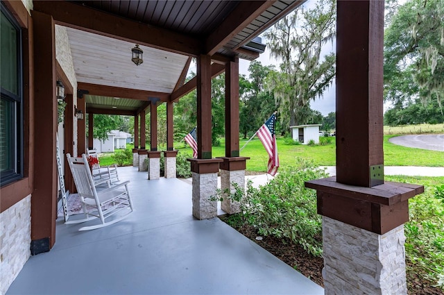 view of patio / terrace featuring a shed