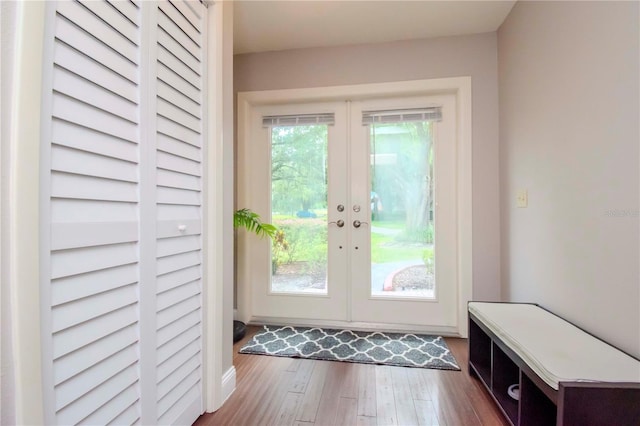 doorway to outside with french doors, a healthy amount of sunlight, and hardwood / wood-style flooring