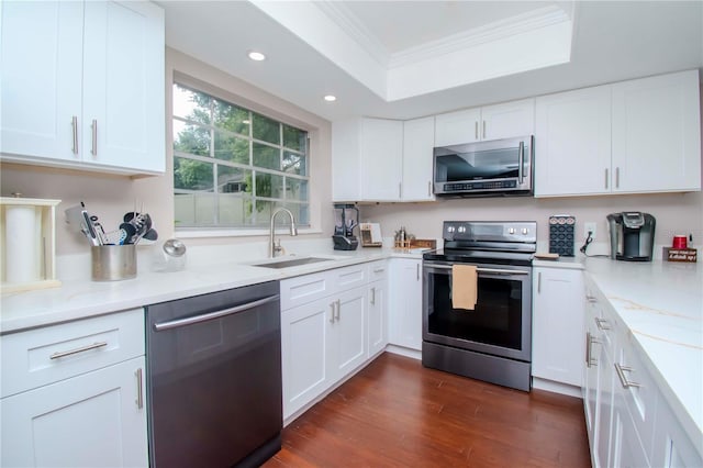 kitchen featuring dark wood-type flooring, white cabinets, appliances with stainless steel finishes, and sink