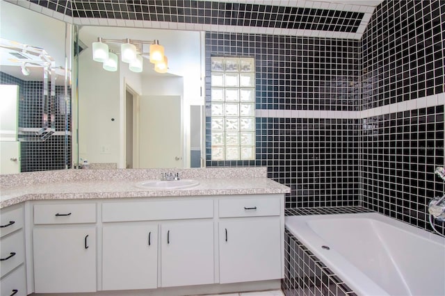 bathroom featuring independent shower and bath and vanity