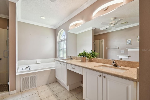 bathroom featuring vanity, a textured ceiling, ceiling fan, independent shower and bath, and tile patterned flooring