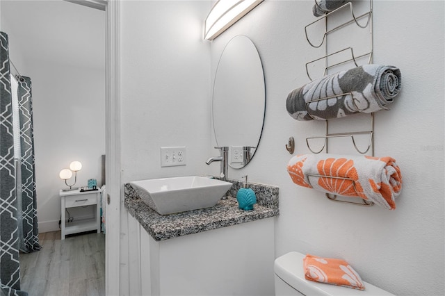 bathroom with vanity, toilet, and wood-type flooring