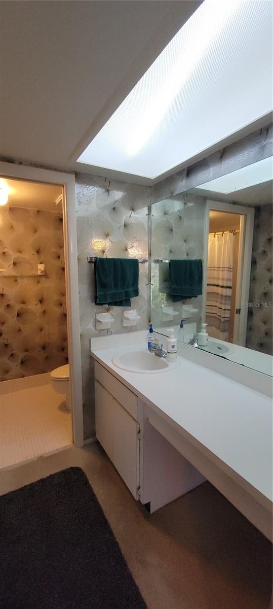 bathroom featuring vanity and walk in shower