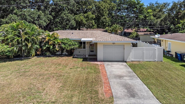 view of front of home with fence, roof with shingles, stucco siding, a front lawn, and concrete driveway