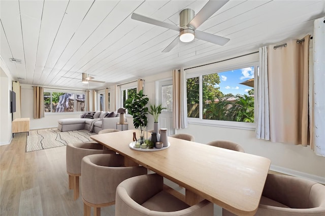 dining area with a ceiling fan, light wood-style flooring, wood ceiling, and visible vents