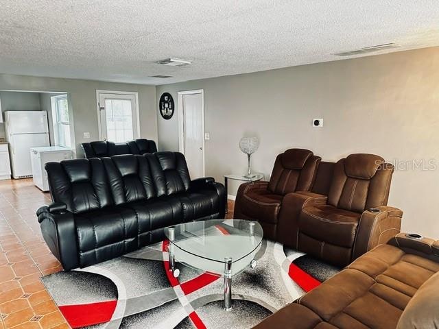 living room featuring a textured ceiling