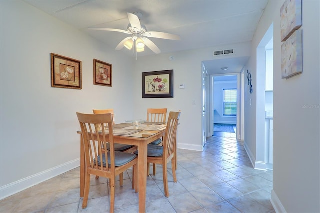 dining room featuring light tile patterned floors, visible vents, ceiling fan, and baseboards