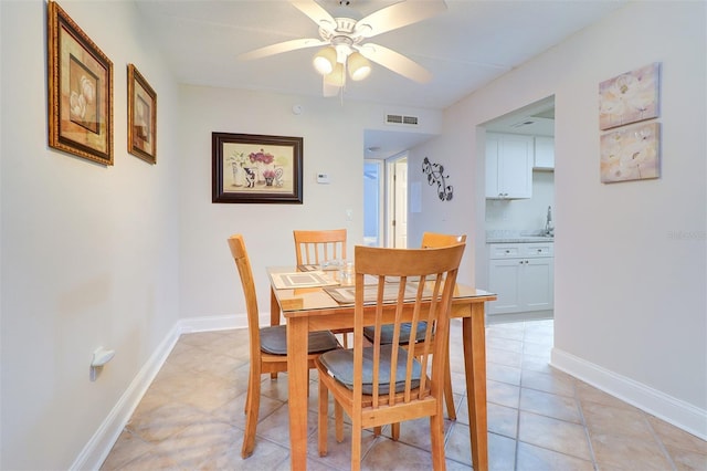 dining area with visible vents, baseboards, light tile patterned flooring, and a ceiling fan