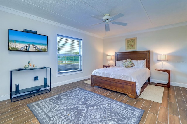 bedroom with ornamental molding, a textured ceiling, and ceiling fan