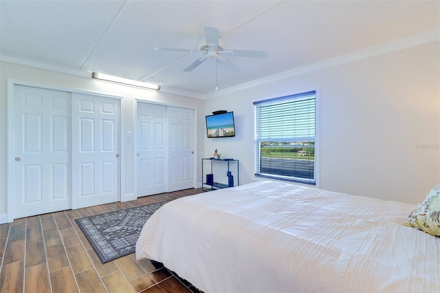 bedroom featuring wood finish floors, a ceiling fan, two closets, and crown molding