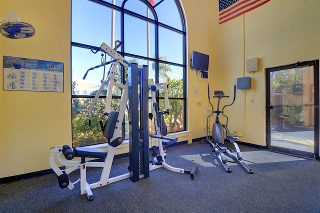 gym featuring a towering ceiling and carpet