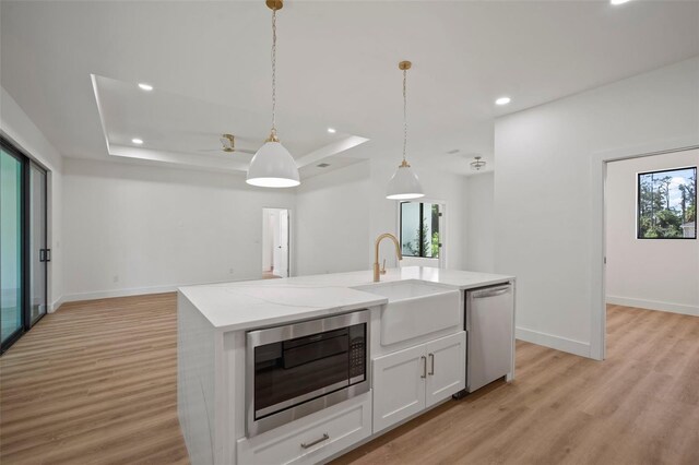 kitchen featuring appliances with stainless steel finishes, a wealth of natural light, an island with sink, and light hardwood / wood-style floors